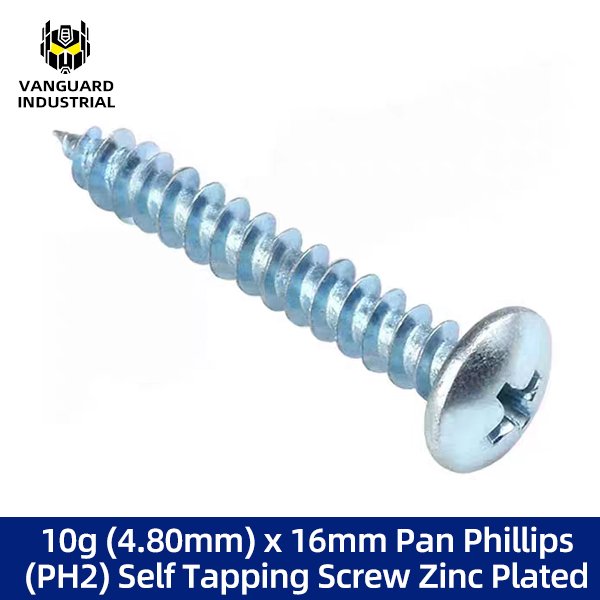 10g (4.80mm) x 16mm Pan Phillips (PH2) Self Tapping Screw Zinc Plated